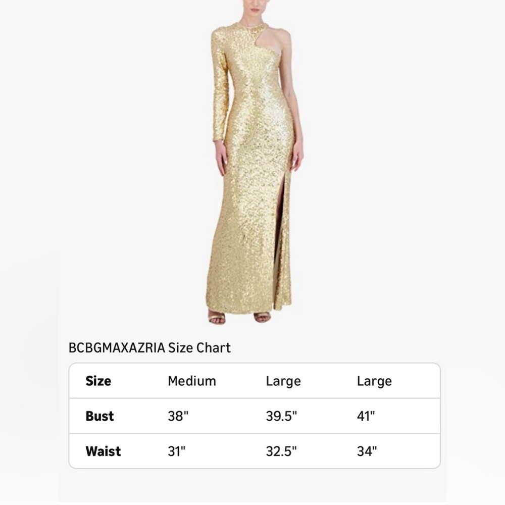 BCBGMAXAZRIA Women's Fit and Flare Floor Length Sequin Evening Gown Gold Sz.L - Picture 5 of 16